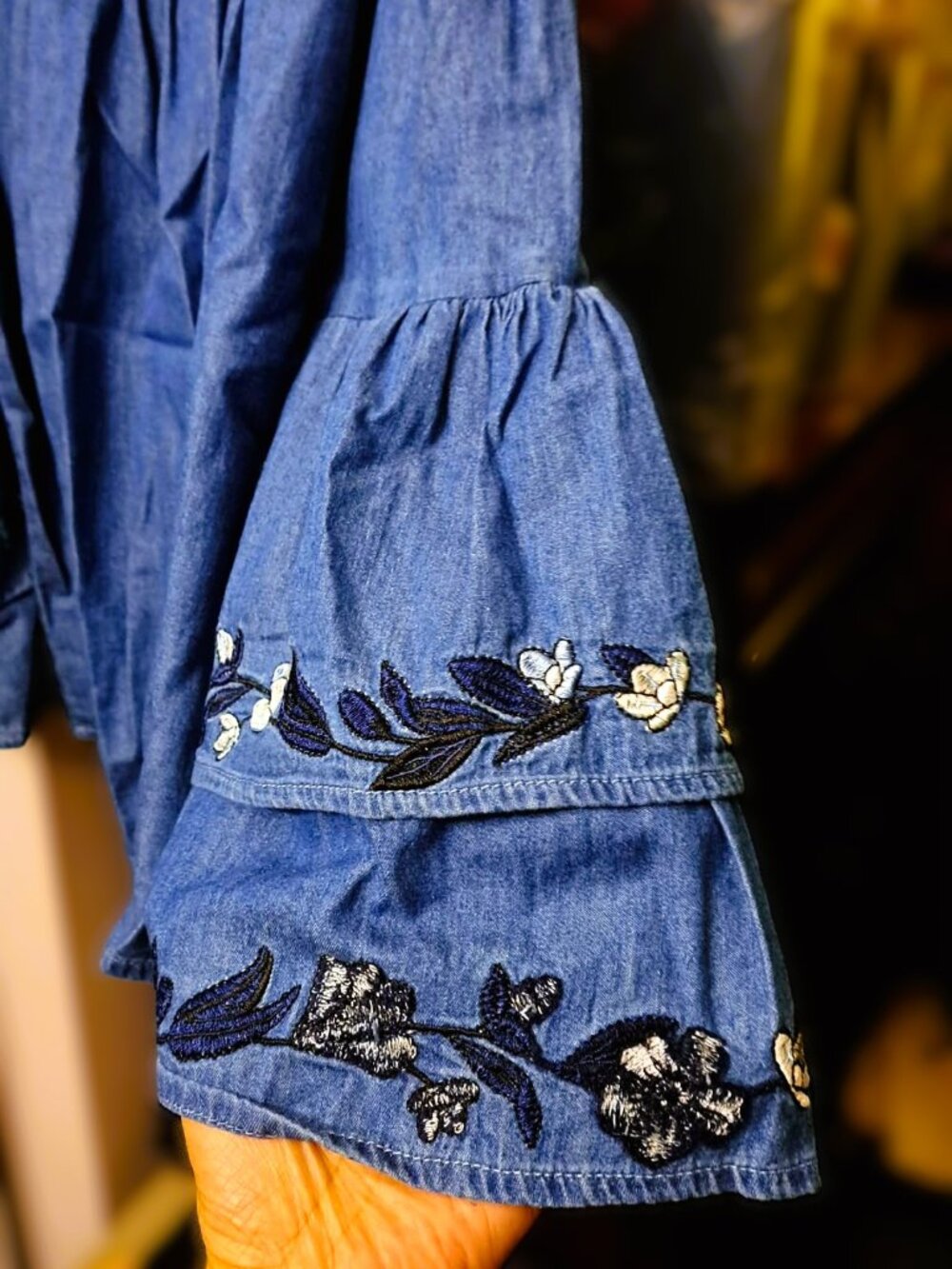 New Urban Heritage Boho Embroidered Off-Shoulder Denim Chambray Top